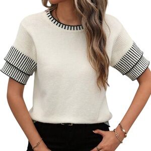 Women's Cream with Black Stripe Contrast Trim Knit Blouse Short Sleeve, Sz Med